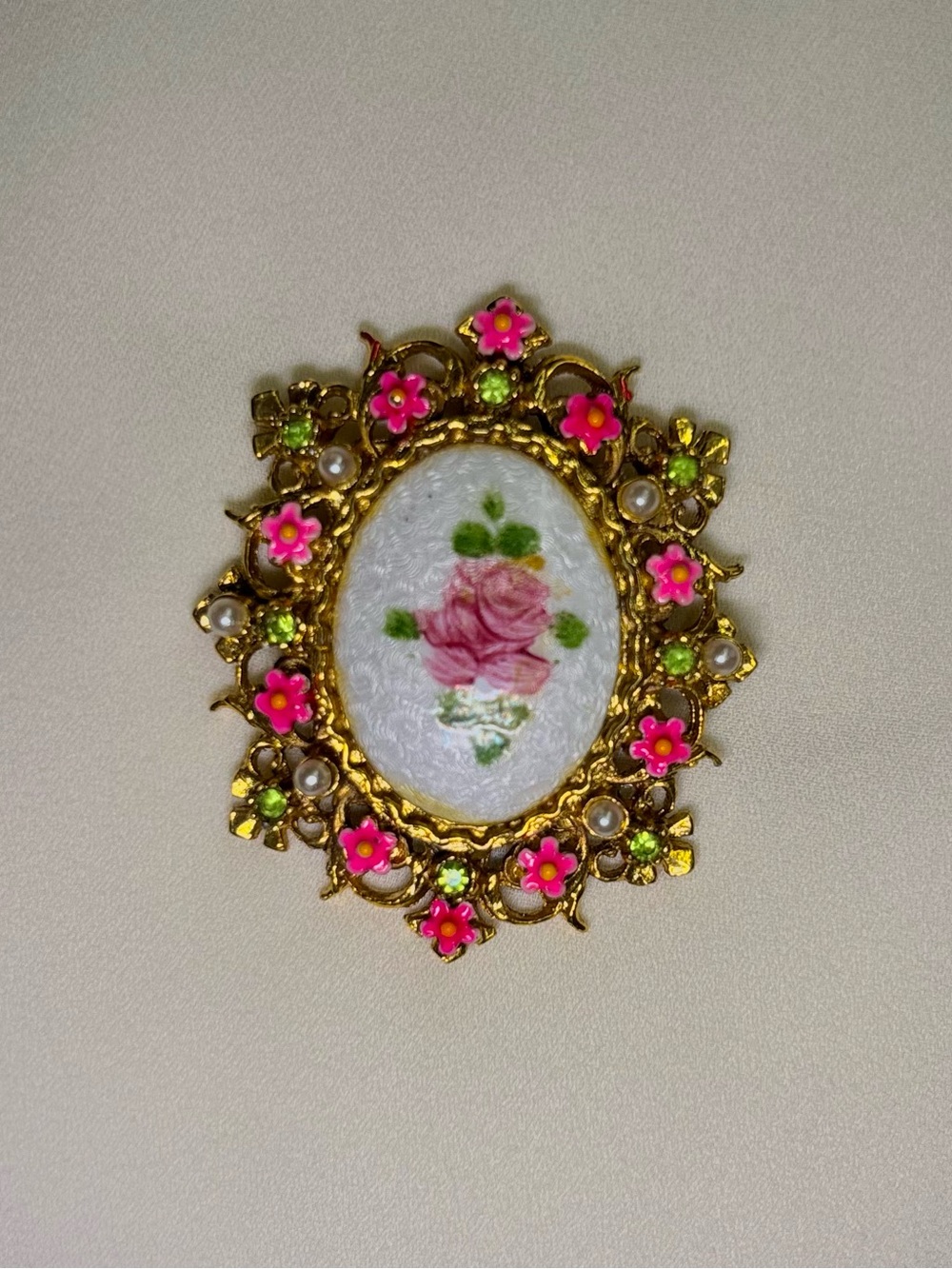 Vintage ART Pink Rose Floral Cameo Rhinestone Brooch